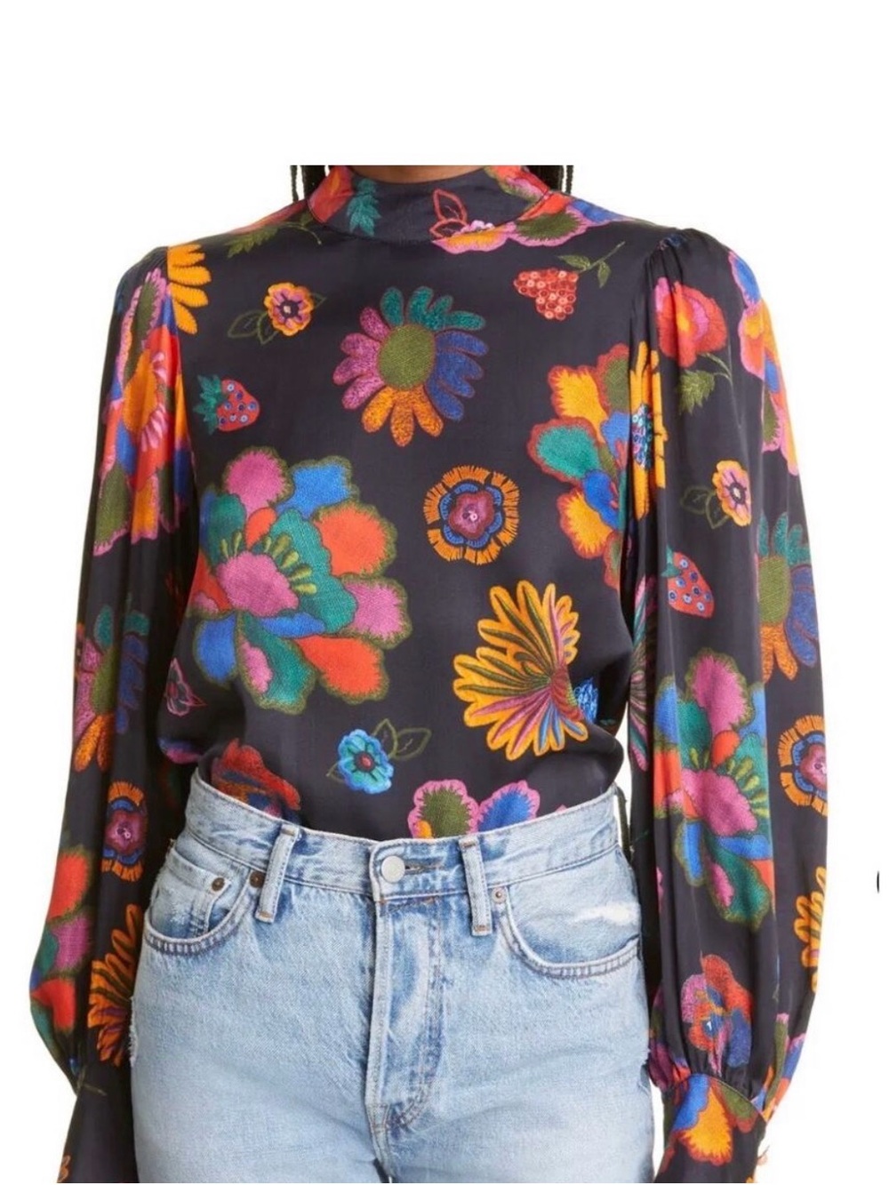 Farm Rio Lily's Garden Floral Mock Neck Blouse Size S